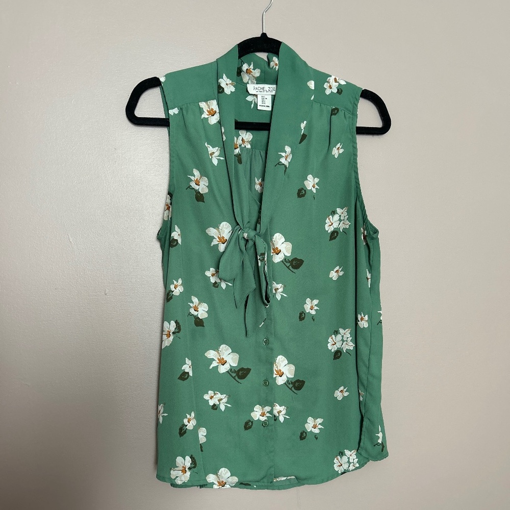 Rachel Zoe green floral tie neck blouse